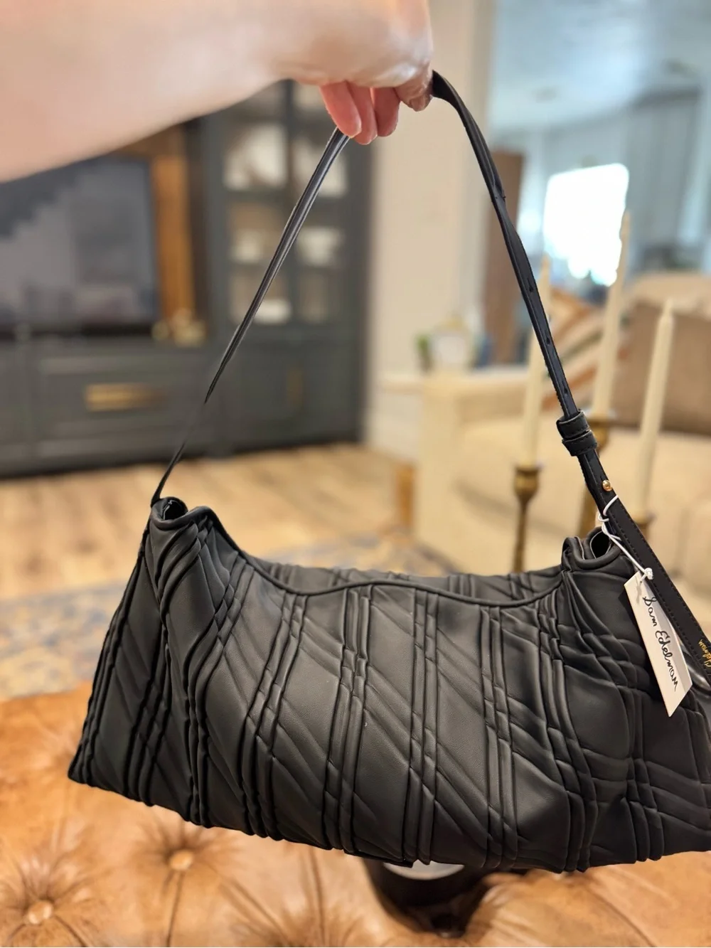 Sam Edelman Black Quilted Peddy Shoulder Bag with Textured Diagonal Stitching